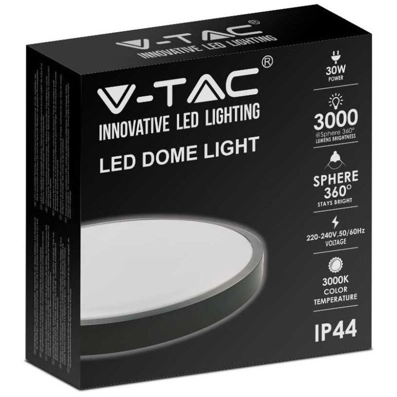 foto del prodotto v tac vt 8630b rd plafoniera led 30w ip44 rotonda nera 360 design moderno 3000k sku 7639