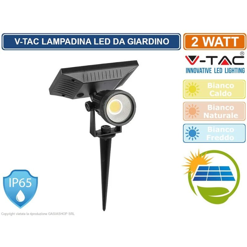 foto del prodotto v tac vt 952 lampada led da giardino 2w cob ip65 con pannello solare e sensore crepuscolare sku 6660 6661 6662 colore luce bianco freddo