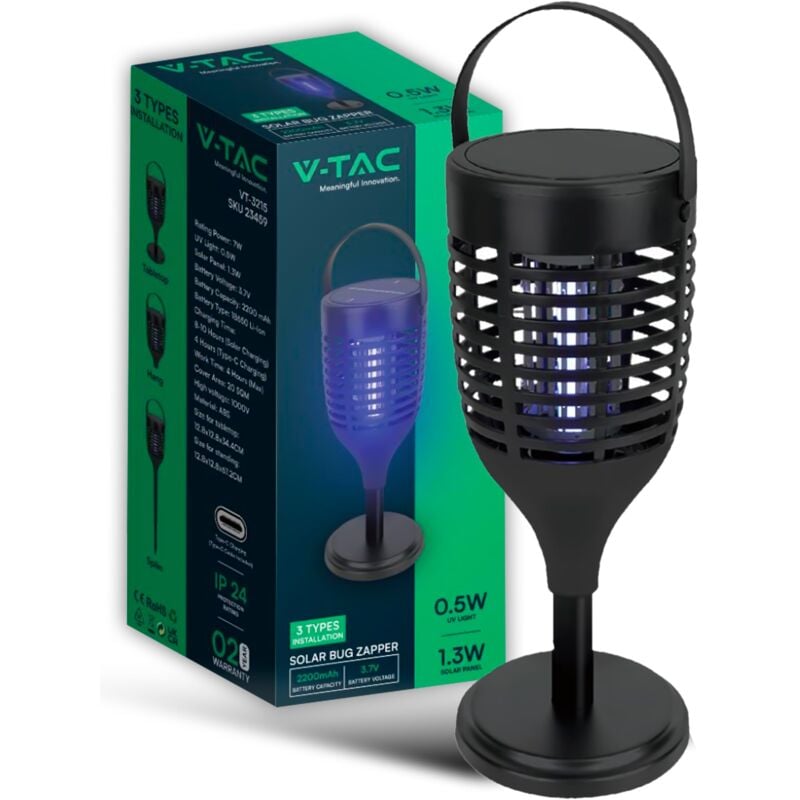 foto del prodotto v tac zanzariera elettrica ricaricabile con pannello solare e usb c uv 2w installazione 3in1