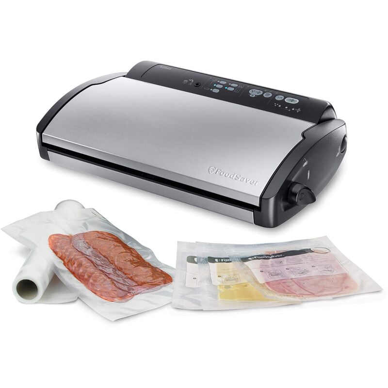 foto del prodotto v2860 macchina sottovuoto per alimenti secchi umidi, sigillatura automatica, indicatori led, adatta a piccoli spazi, 100 w, argento nero foodsaver