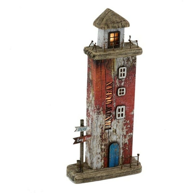 foto del prodotto vacchetti decorazione mare faro in legno rosso con led cm 16x6,5x34h