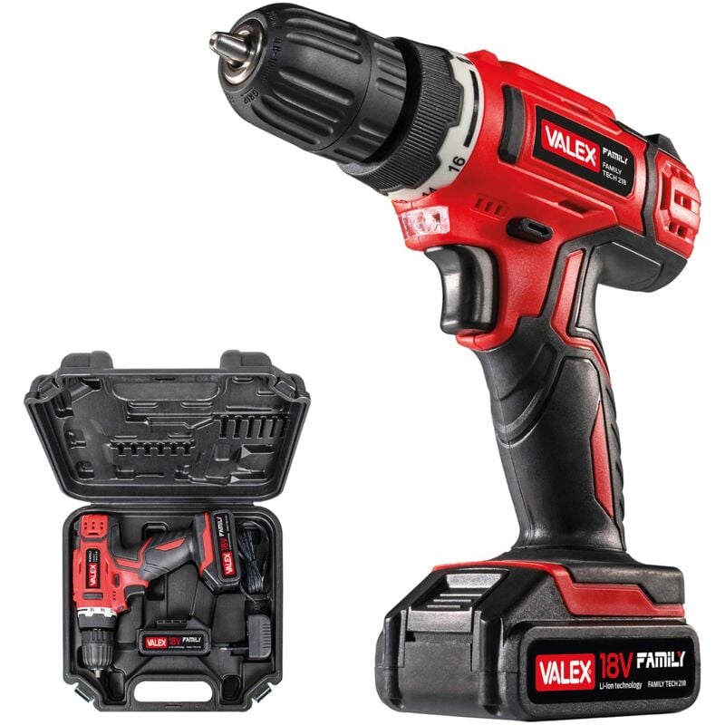 foto del prodotto valex 1429387 trapano avvitatore a batteria al litio 18v family tech 218, in valigetta, 0 650 giri min, 2 batterie incluse, rosso, 3 8pollice