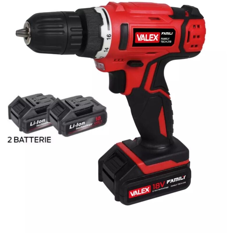 foto del prodotto valex kit valigetta trapano avvitatore a batteria family tech 218 2 batterie 18v 0,80ah