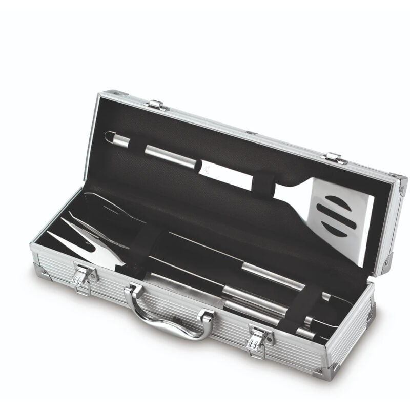 foto del prodotto valigetta con 3 utensili per barbecue in acciaio inox ompagrill 03380