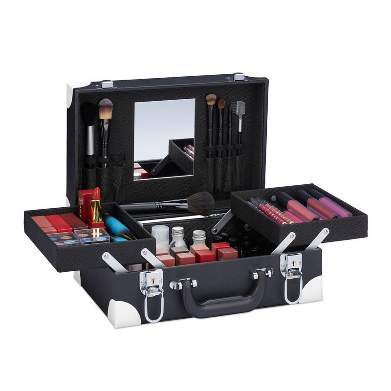 foto del prodotto valigetta per trucchi, organizer make up per cosmetici con specchio, hlp 12,5 x 31 x 23 cm, vuoto, nero bianco relaxdays