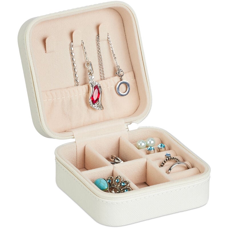 foto del prodotto valigetta portagioie, cofanetto porta gioielli da viaggio, organizer anelli, collane, 5 x 10 x 10 cm, bianco relaxdays
