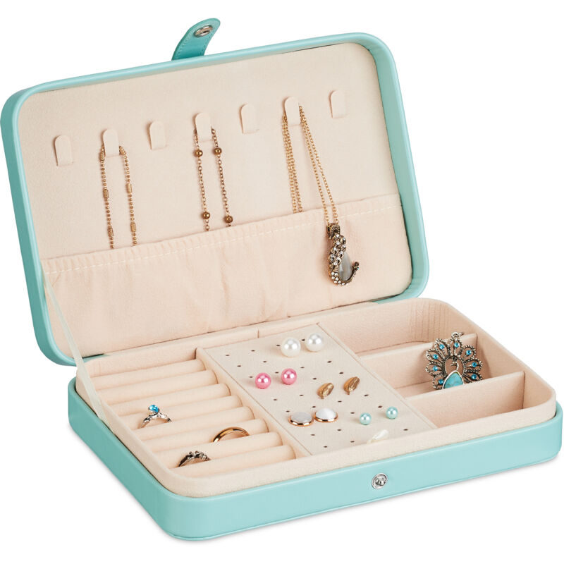 foto del prodotto valigetta portagioie, cofanetto porta gioielli viaggio, organizer anelli e collane, 4,5x21x14,5 cm, turchese - relaxdays
