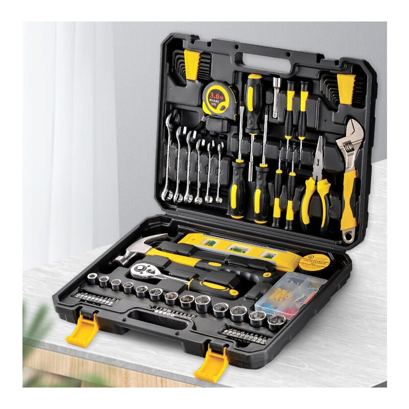 foto del prodotto valigia degli attrezzi 108 pezzi cassetta degli attrezzi completa con chiave inglese set di cacciaviti di precisione pinza a martello riparazione