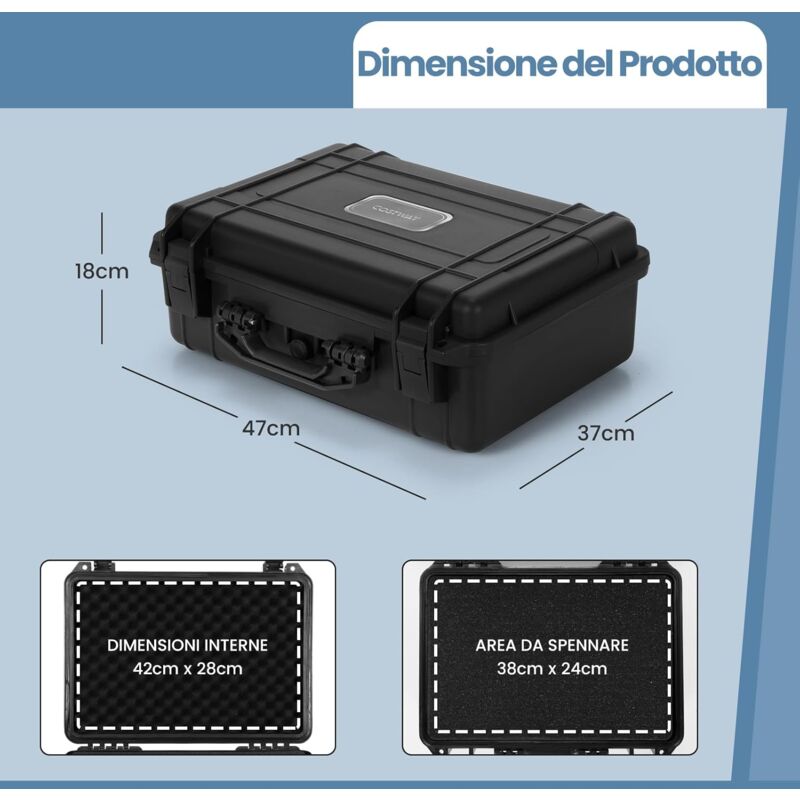foto del prodotto valigia impermeabile rigida, con spugna protettiva, adatto per macchina fotografica, videocamera, ideale per trasporto e viaggio, nero 47 x 37 x 18