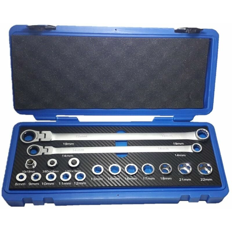 foto del prodotto valigia set chiavi a bussola 17 pezzi lunghe a cricchetto con snodo da 8 a 22mm