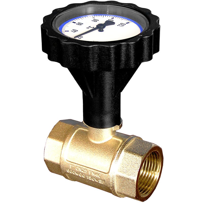 foto del prodotto valvola a sfera per alte temperature con termometro blu e valvola di non ritorno da 1 f, temperatura 0 120 c