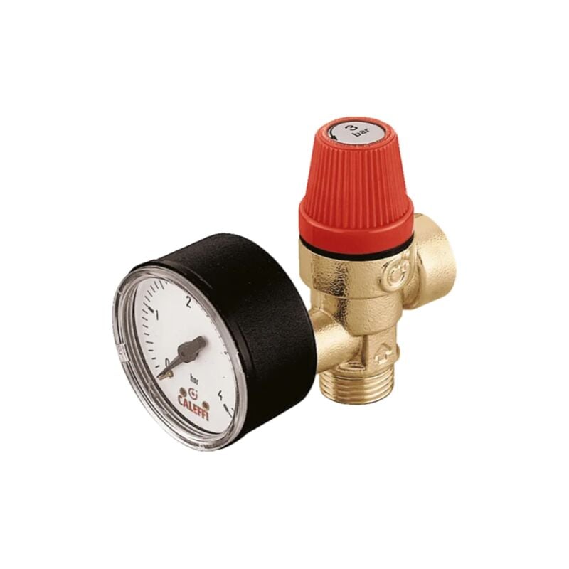 foto del prodotto valvola di sicurezza ordinaria certificata, con manometro. attacchi 1 2', taratura 3 bar caleffi 314430 1 2 - 3 bar