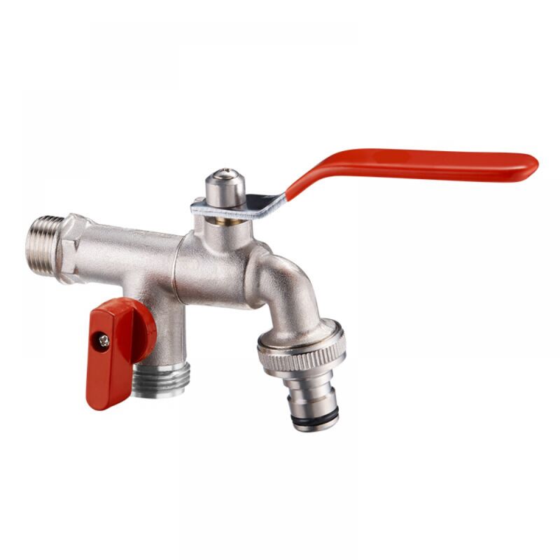 foto del prodotto valvola nichelata per giardino, manuale per uso domestico, doppia testa, un ingresso e due uscite, rubinetto per lavatrice esterno in ottone dn15