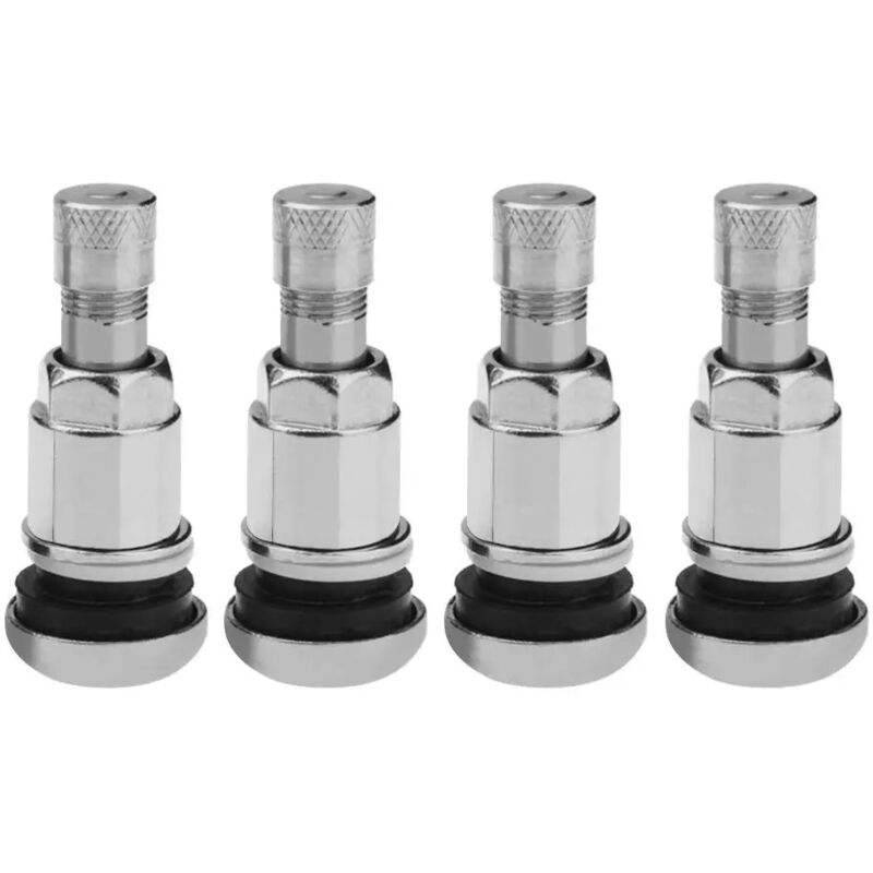 foto del prodotto valvola per cerchioni in metallo per auto, camion, moto set di 4 steli valvola con tappo antipolvere guarnizione rinforzata argento sollbry