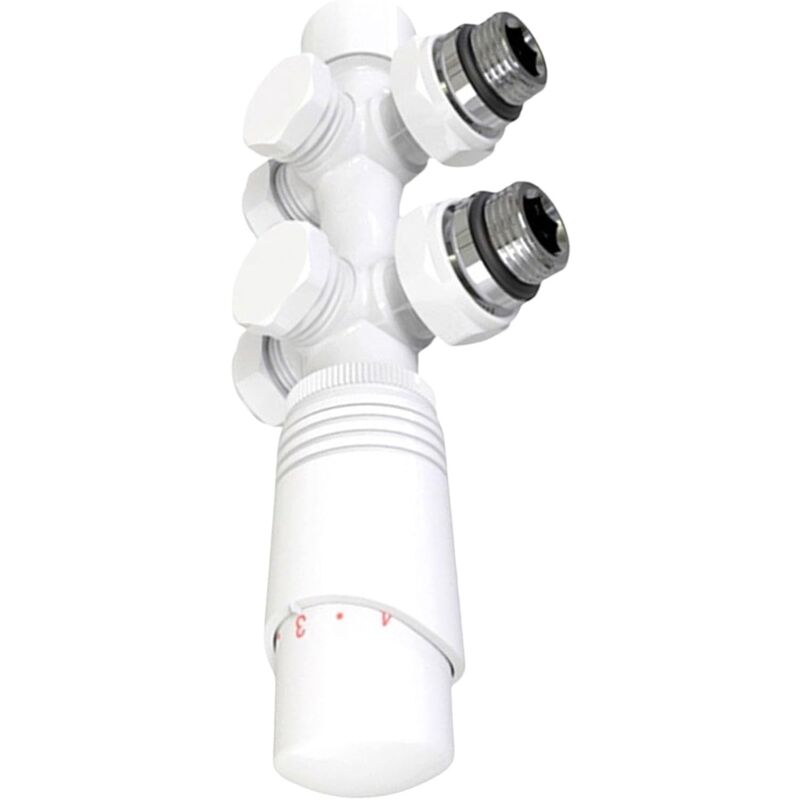 foto del prodotto valvola per radiatore, valvola angolare, valvola termostatica, kit radiatore multiblocco con regolatore di temperatura bianco 