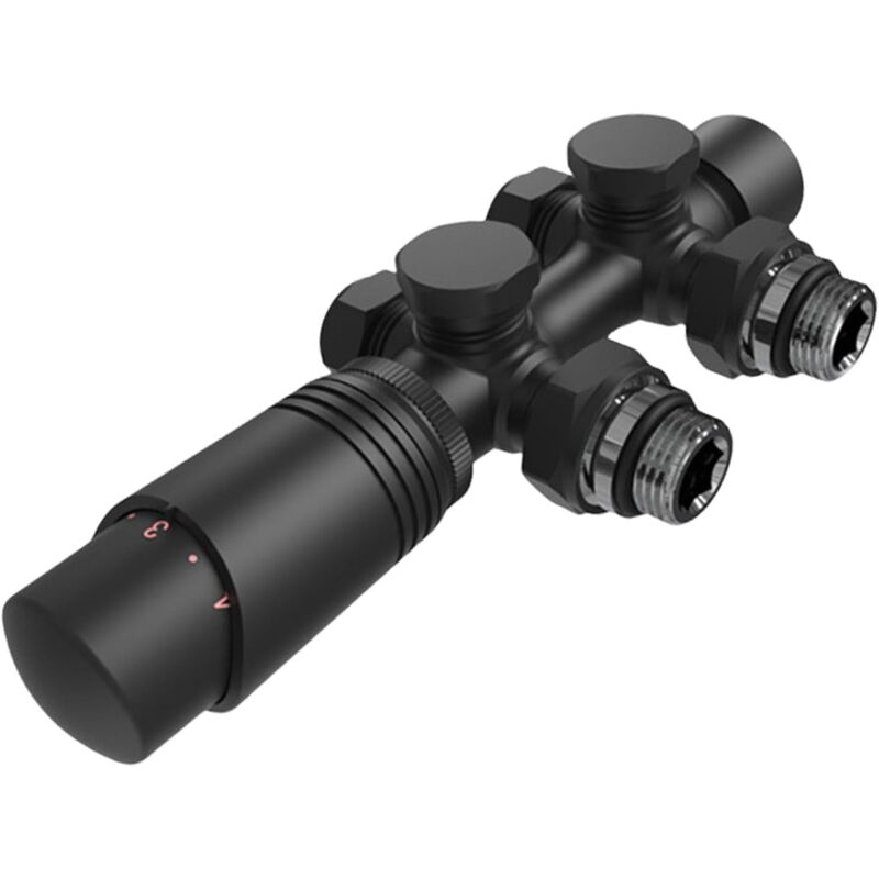 foto del prodotto valvola per radiatore, valvola angolare, valvola termostatica, kit radiatore multiblocco con regolatore di temperatura (nero opaco)