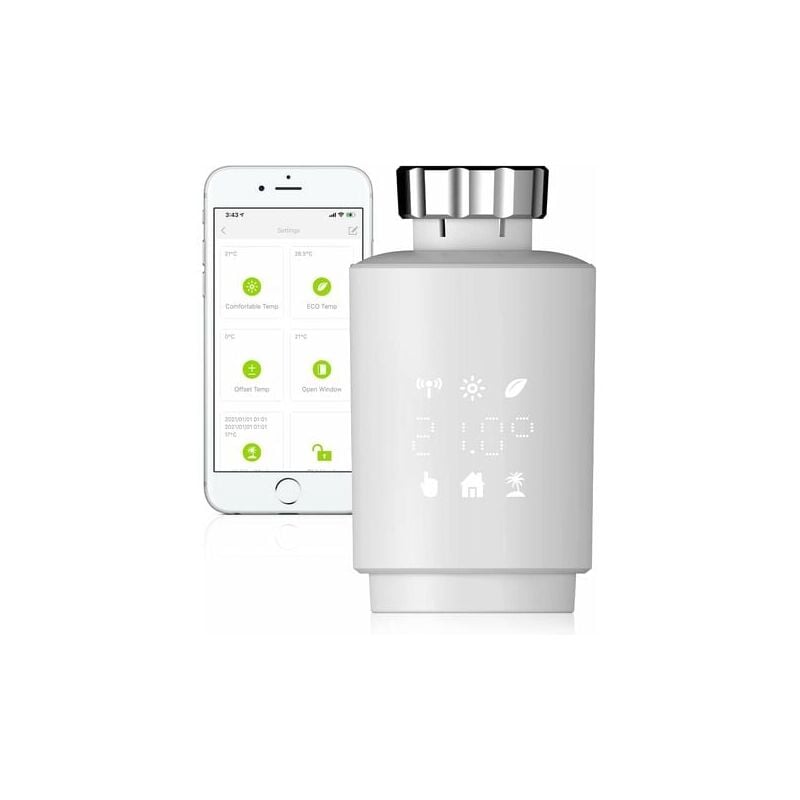 foto del prodotto valvola termostatica intelligente per radiatori, termostato programmabile zigbee, compatibile con smart life alexa google, valvola termostatica per