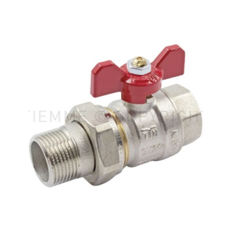 foto del prodotto valvole a sfera passaggio totale, maschio femmina iso 228 per collettori, con leva farfalla e bocchettone con o ring tiemme 2120002