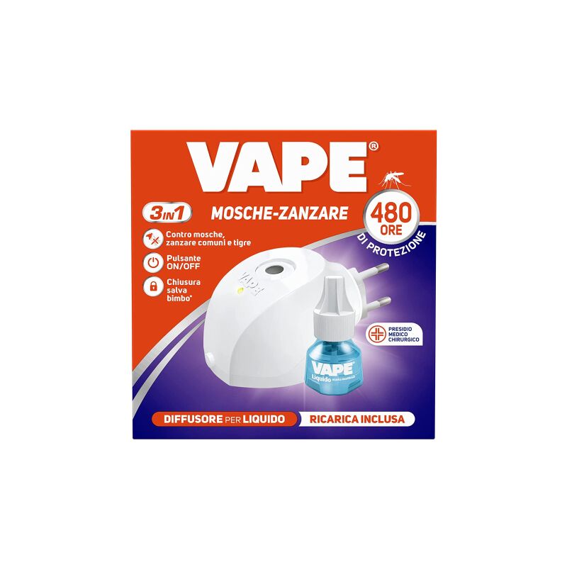 foto del prodotto vape mosche zanzare 480 ore 3 in 1 diffusore elettroemanatore ricarica liquido 22 ml