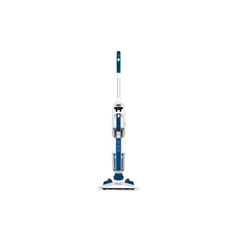 foto del prodotto vaporetto 3 clean. tipo di prodotto aspirapolvere verticale, tipo di contenitore della polvere senza sacchetto, colore del prodotto blu, bianco.
