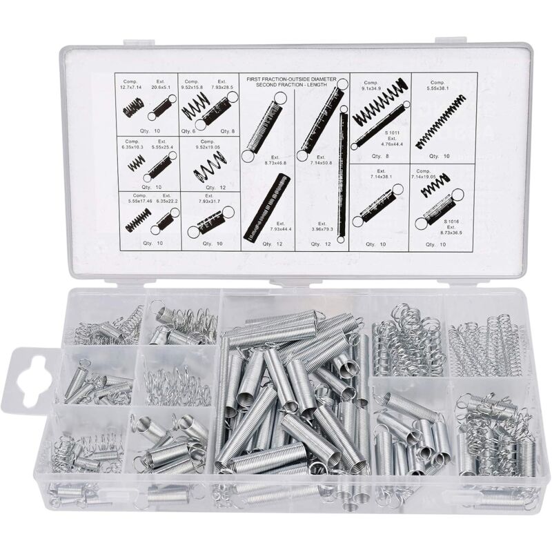 foto del prodotto varie molle di compressione ed estensione, 20 misure, piccole molle in acciaio zincato, assortimento da 200 pezzi.