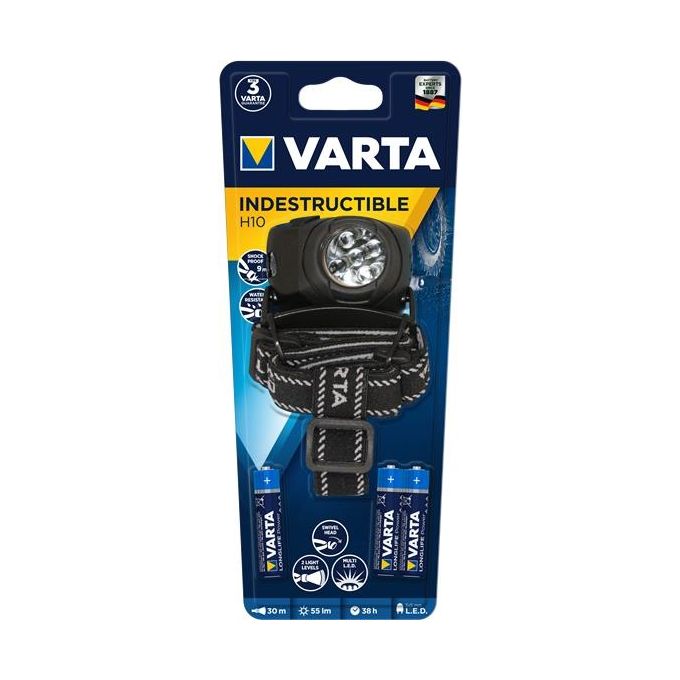 foto del prodotto varta 17730 torcia led da testa indestructible head light h10, 3 pile ministilo aaa longlife power incl, 55 lumen, ultraleggera con 5 led, resistente a urti cadute 9mt acqua ipx4 per attivita outdoor e professionali