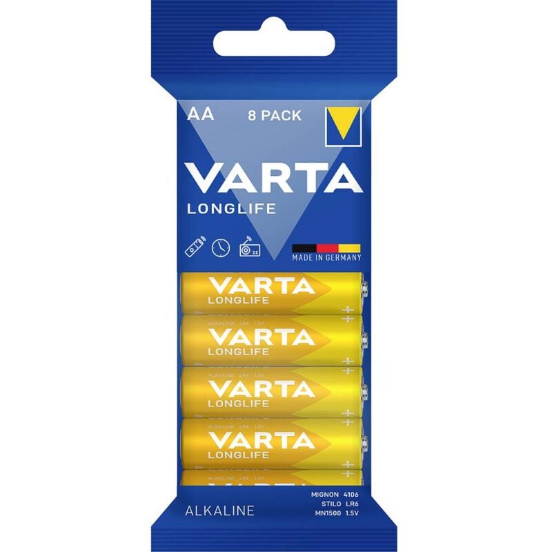 foto del prodotto varta longlife aa folie 8 batteria stilo aa alcalina manganese 2800 mah 1.5 v 8 pz.