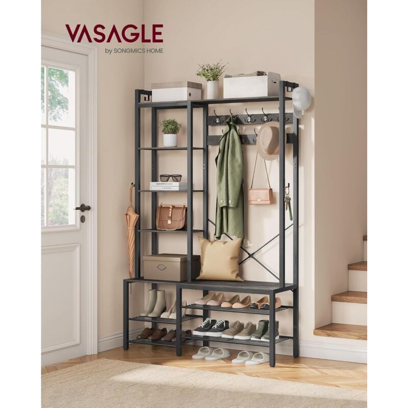 foto del prodotto vasagle appendiabiti ingresso con panca scarpiera e 5 ripiani portaoggetti, 9 ganci attaccapanni e 6 ganci laterali, 40 x 120 x 190 cm, grigio pietra