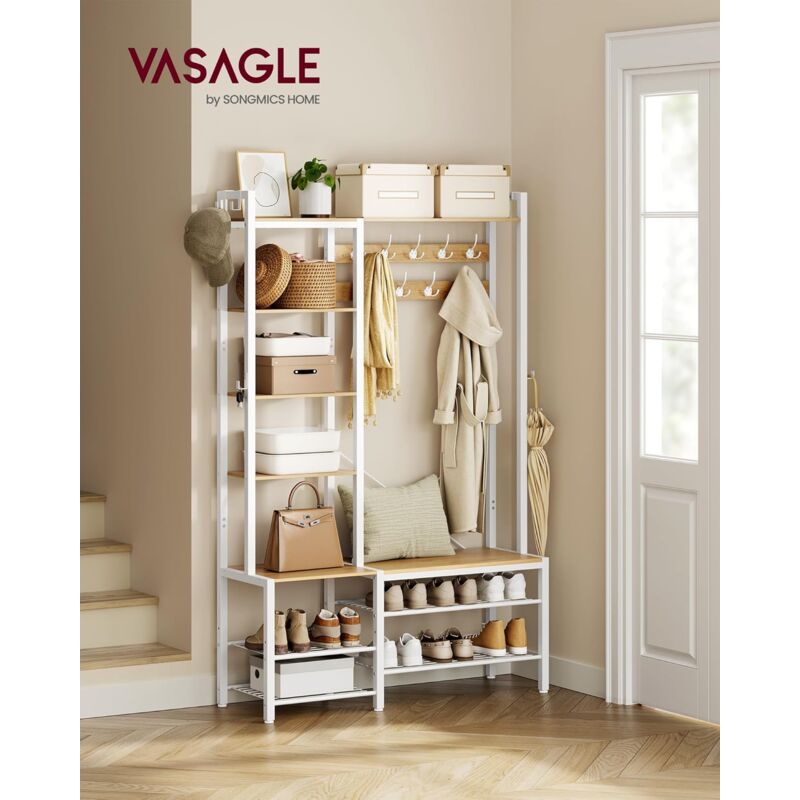 foto del prodotto vasagle appendiabiti ingresso con panca scarpiera e 5 ripiani portaoggetti, 9 ganci attaccapanni e 6 ganci laterali, 40 x 120 x 190 cm, rovere
