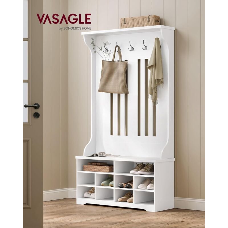 foto del prodotto vasagle appendiabiti ingresso con panca scarpiera, mobile ingresso con porta scarpe, 5 ganci tripli, appendiabiti da terra, salvaspazio, per