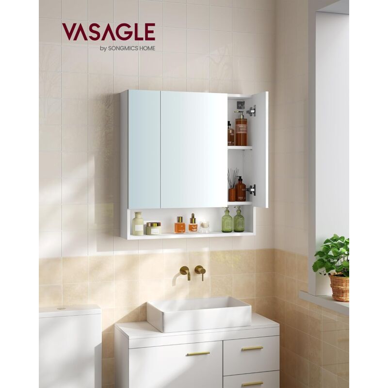 foto del prodotto vasagle armadietto bagno con ante a specchio, mobiletto pensile bagno, mobile specchiera da parete, scomparto aperto, ripiani regolabili, 16,5 x 70