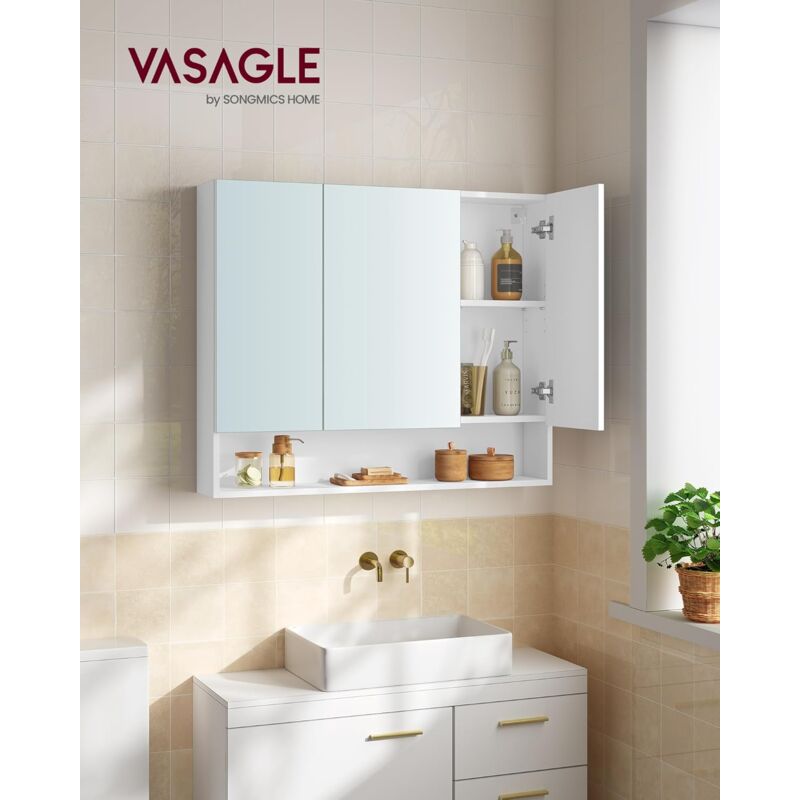 foto del prodotto vasagle armadietto bagno con ante a specchio, mobiletto pensile bagno, mobile specchiera da parete, scomparto aperto, ripiani regolabili, 16,5 x 90 x