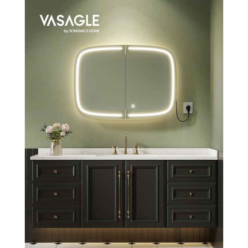 foto del prodotto vasagle armadietto bagno da parete con specchio e luce, mobiletto pensile bagno con 2 prese ac e 2 porta usb, 2 ripiani regolabili, angoli
