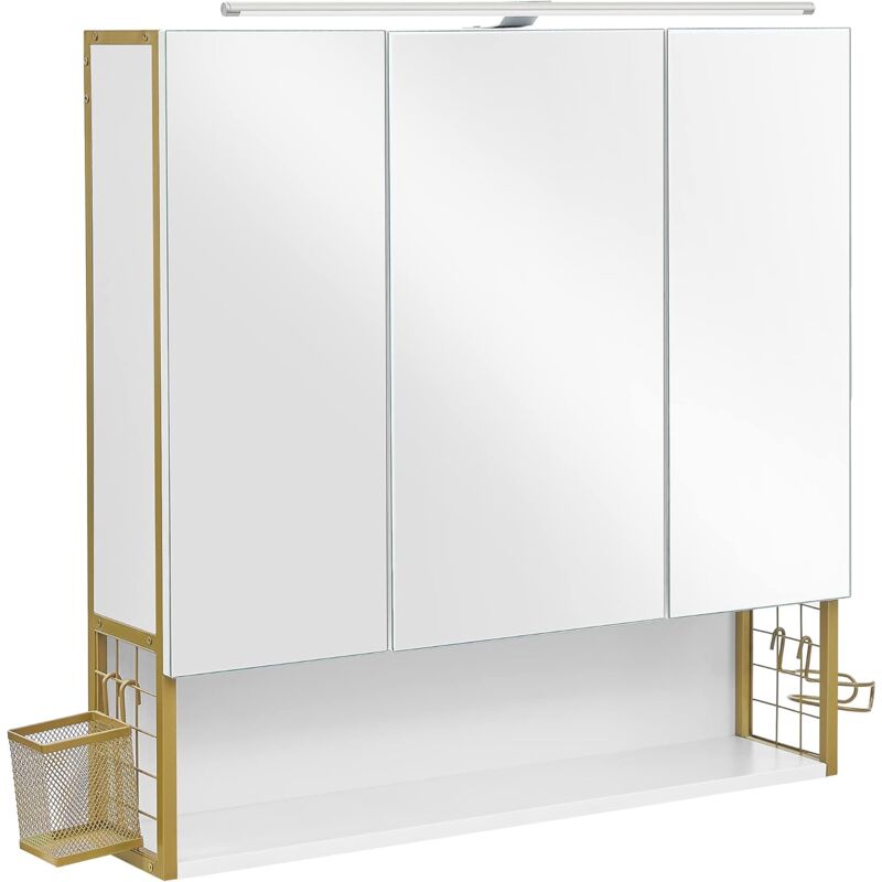 foto del prodotto vasagle armadietto da bagno con specchio, mobile a parete con luci led, guardaroba a 3 ante, ripiano regolabile, porta asciugacapelli, cesto