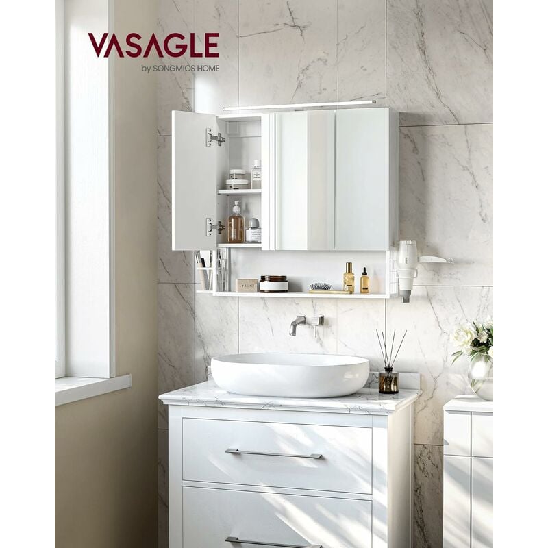 foto del prodotto vasagle armadietto da bagno con specchio, mobile a parete con luci led, mobiletto a 3 ante, ripiano regolabile, porta asciugacapelli, cestino,