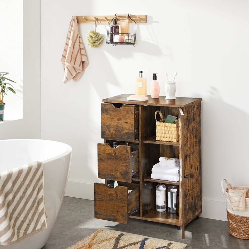 foto del prodotto vasagle armadietto da bagno, credenza, mobiletto da bagno con 3 cassetti, 2 ripiani regolabili dietro l anta, mobile da bagno, soggiorno, cucina,
