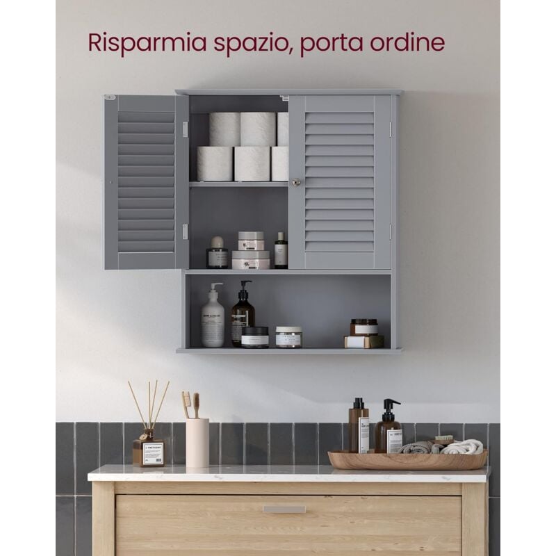 foto del prodotto vasagle armadietto da muro, mobiletto per bagno da parete, mobile da bagno con ripiano regolabile, 2 ante a persiana e scomparto aperto, 20 x 60 x