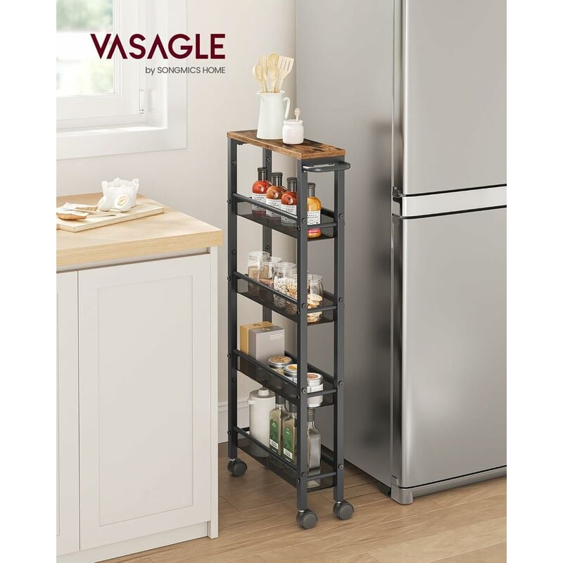 foto del prodotto vasagle carrello a 5 ripiani, carrello cucina salvaspazio con ruote, struttura in acciaio, maniglia, carrellino piccoli spazi, bagno salotto studio,