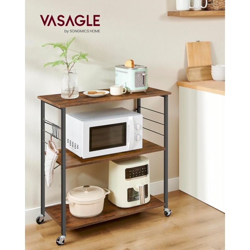 foto del prodotto vasagle carrello da cucina con rotelle, carrello di servizio con 3 ripiani, scaffale per microonde, forno, tostapane, struttura metallica con 6
