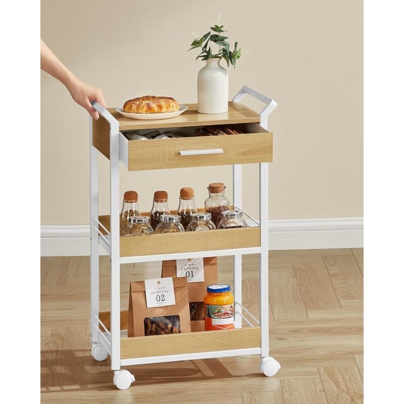 foto del prodotto vasagle carrello portaoggetti, carrello di servizio a 3 livelli con ruote, truciolato, con freno, cassetto, ripiani, per cucina, bagno, camera da