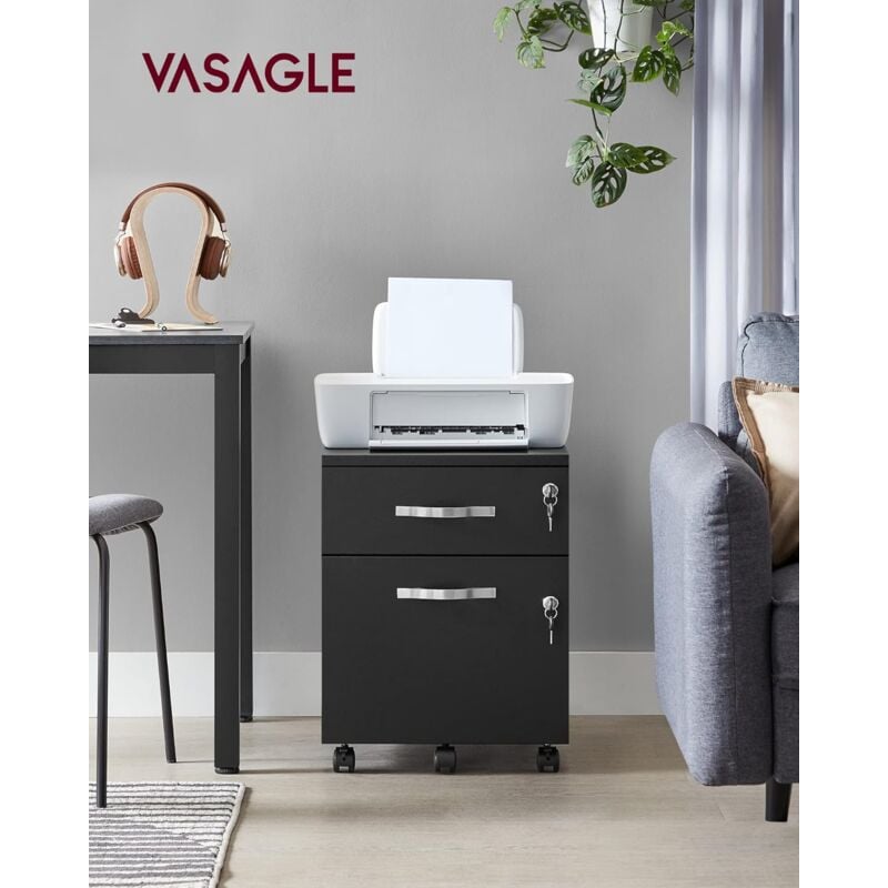 foto del prodotto vasagle cassettiera, mobiletto da ufficio con serratura, 2 cassetti e 5 ruote, regolabile per cartelle sospese, superficie testurizzata, per