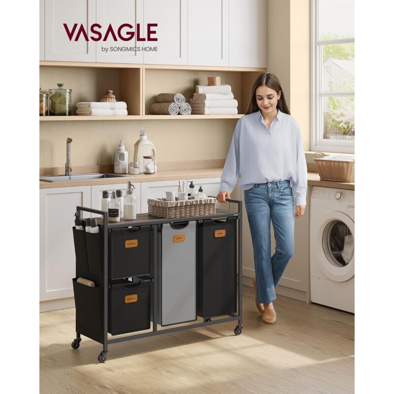 foto del prodotto vasagle cesto portabiancheria con 4 scomparti, capienza 150 l, cesto portabiancheria con ripiani, fodere rimovibili, 6 etichette, marrone castagna,