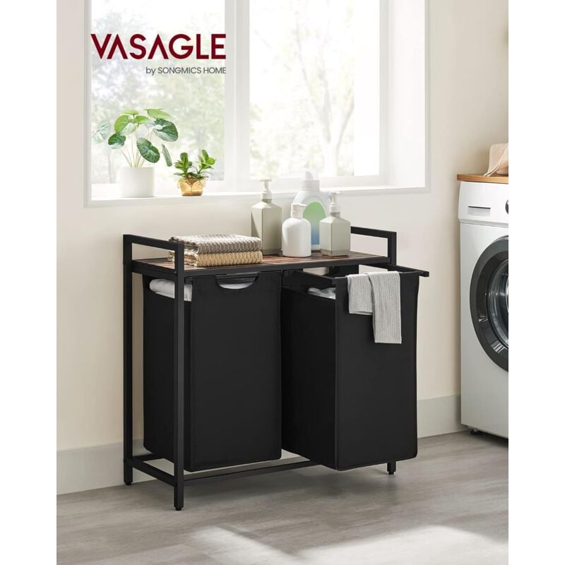 foto del prodotto vasagle cesto portabiancheria, porta biancheria, 2 sacchi in tessuto oxford estraibili e rimovibili, piano d appoggio, struttura metallo, 2 x 46l, 73