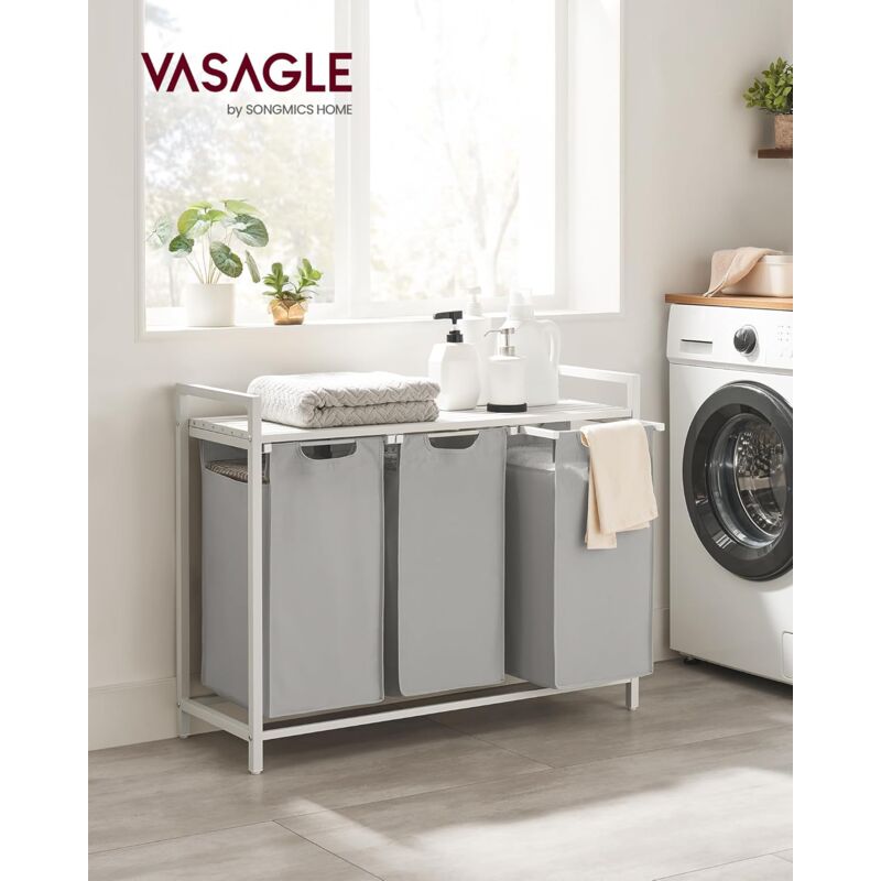 foto del prodotto vasagle cesto portabiancheria, porta biancheria, 3 sacchi in tessuto oxford estraibili e rimovibili, piano d appoggio, struttura metallo, 3 x 38 l,