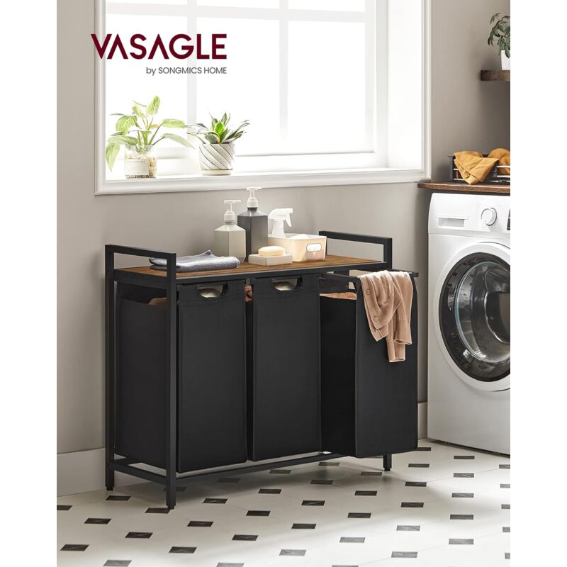 foto del prodotto vasagle cesto portabiancheria, porta biancheria, 3 sacchi in tessuto oxford estraibili e rimovibili, piano d appoggio, struttura metallo, 3 x 38l,