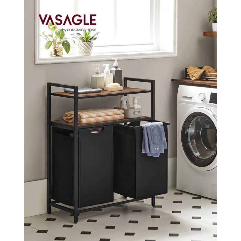 foto del prodotto vasagle cesto portabiancheria, porta biancheria con 2 sacchi estraibili e rimovibili, 2 ripiani portaoggetti, 46l per sacco, per bagno, lavanderia,