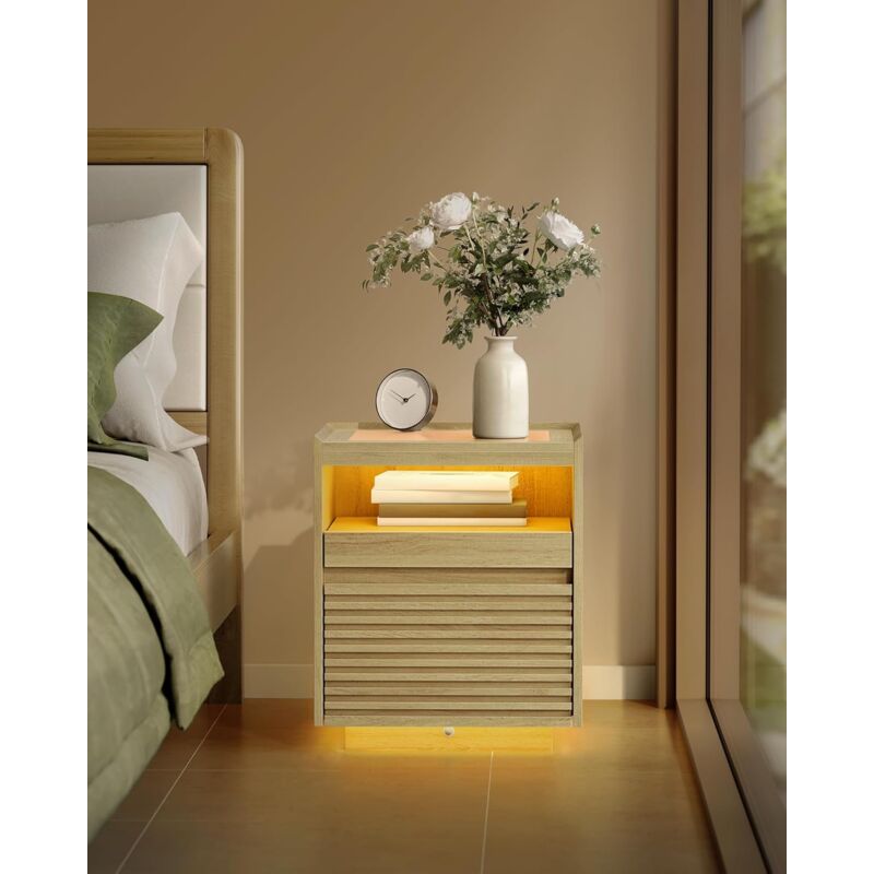 foto del prodotto vasagle comodino con luce led, tavolino con cassetto e ripiano estraibile, luce superiore con 3 tonalit , luce inferiore a sensore di movimento,