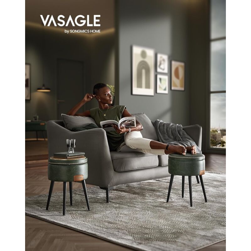 foto del prodotto vasagle ekho collezione sgabello, pouf contenitore, rivestimento in pu con cuciture, moderno di met secolo, poggiapiedi rotondo con gambe in