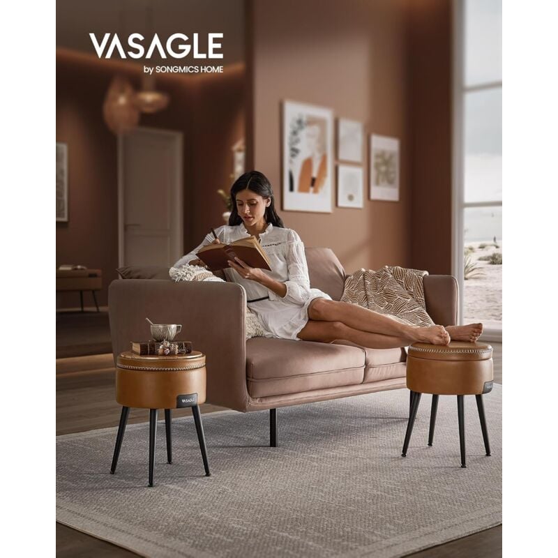 foto del prodotto vasagle ekho collezione sgabello, pouf contenitore, rivestimento in pu con cuciture, moderno di met secolo, poggiapiedi rotondo con gambe in