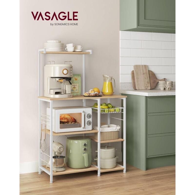foto del prodotto vasagle kks035w09 scaffale da cucina con cestino in metallo, 6 ganci, per spezie, pentole e padelle, moderno, rovere beige e classico, bianco